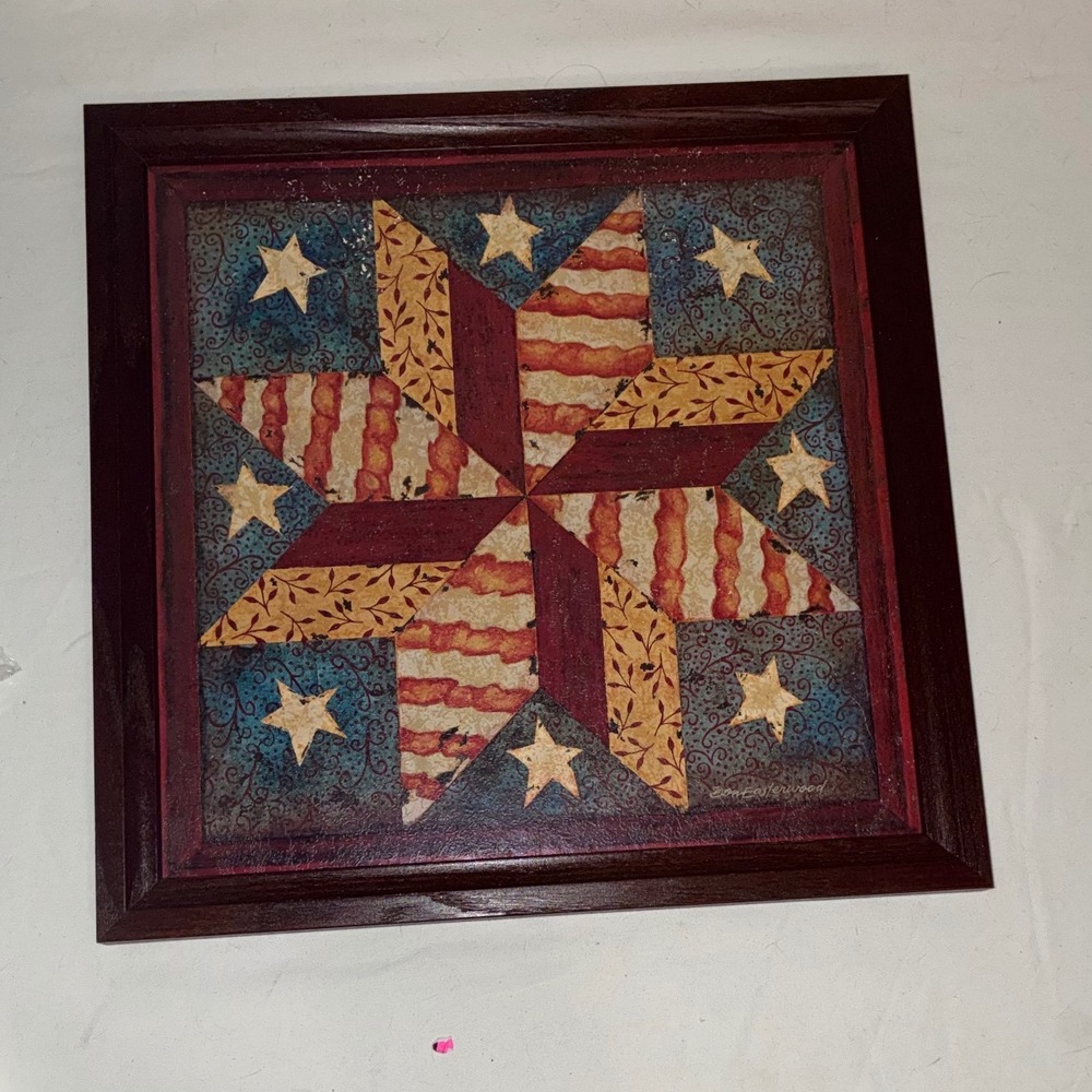 VTG Home Interiors Americana Patchwork Quilt Star Framed Art Cottagecore See Pic